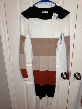 Colorblock Ribbed Knit Long Sleeve Dress - Black, White, Tan, Rust